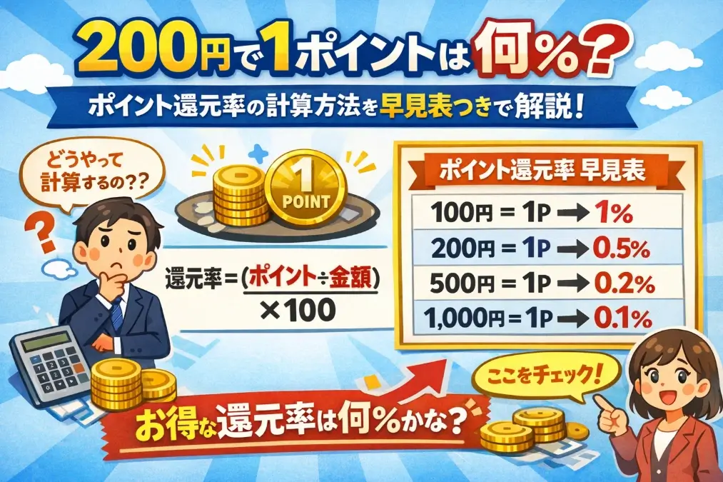200円で1ポイントは何％かを解説した記事のサムネイル画像